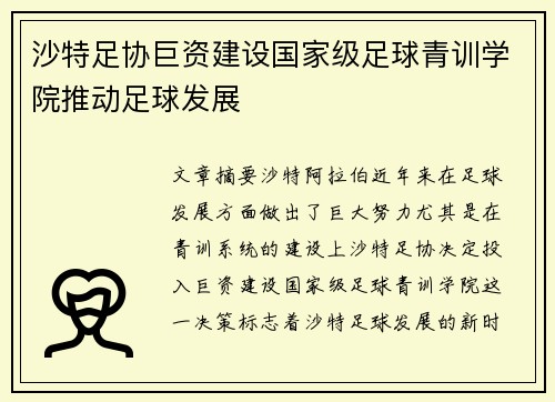 沙特足协巨资建设国家级足球青训学院推动足球发展